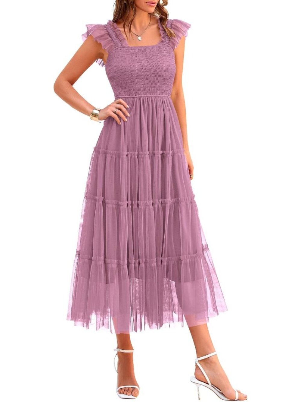 Women's Grey Purple Smocked Sleeveless Square Neck A Line Wedding Midi Dresses